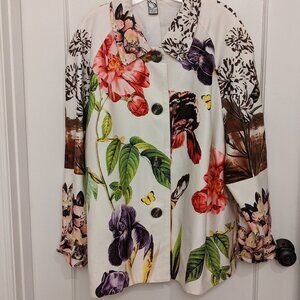 Silkland Blazer Jacket Womens 3X Button Up Cotton Lined Tropical Artsy